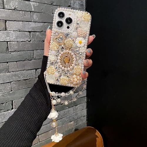 iFiLOVE for iPhone 14 Pro Bling Diamond Case with Flower Strap, 3D Luxury Sparkle Glitter Crystal Rhinestone Pearl Love Rose Wristband Bracelet Case Cover for Girls Women Kids (Champagne) thumbnail 7