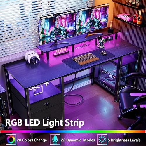 Furologee 61" Gaming Desk with Power Outlets & LED Lights, Reversible Computer Desk with File Cabinet & Monitor Stand for Home Office, Large Work Table with Storage Shelves & Drawer, Black thumbnail 5