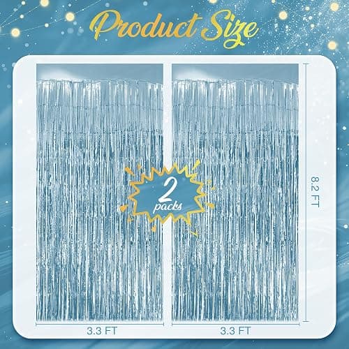 2 Pack Light Blue Fringe Backdrop, 3.2x8.2ft Shining Foil Tinsel Curtains, Birthday Party Decorations Door Streamers for Halloween, Christmas, Wedding, Graduation, Holiday, Theme Events thumbnail 4