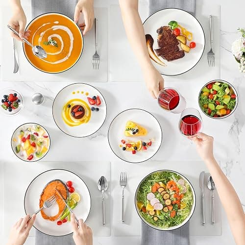 MALACASA Geschirrset 24-tlg für 6 Personen, Modernes Tafelservice aus Weiß Porzellan mit Stehrand & Schwarzer Akzentkante, Geschirr Set inkl. 6x Essteller, Dessertteller, Suppenteller, Suppenschüssel thumbnail 5