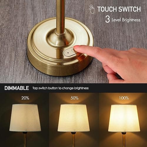 O’Bright Seraph - Cordless LED Table Lamp with Dimmer, Built-in Rechargeable Battery, 3-Level Brightness, Patio Table Lamp, Bedside Night Lamp, Ambient Light for Restaurant, Antique Brass thumbnail 3