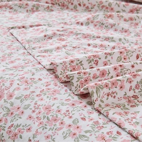 Veniklo Queen Comforter Set 7 Pieces Floral Pink Ruffle Bedding Set | Soft pre-washed fabric, shabby chic ruffle bedding, reinforcing ruffles, all season bed in a bag for bedroom, breathable thumbnail 4