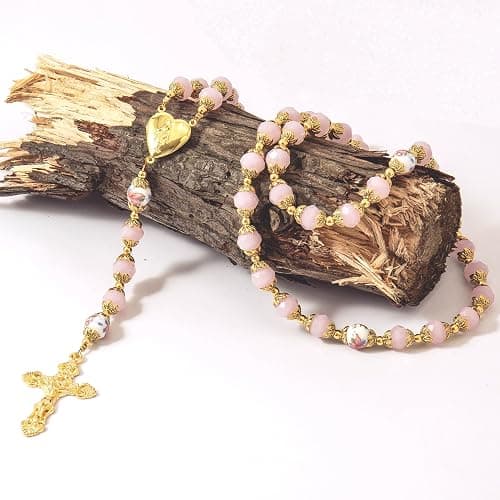 Nazareth Store Catholic Blue Crystal Beads Gold Rosary Flowers Beaded Necklace Miraculous Heart Locket Medal & Cross Religious Women Men Amulet thumbnail 6