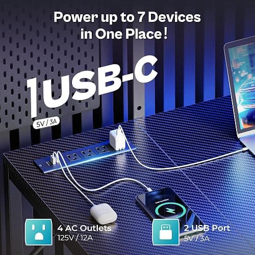 PRAISUN L Shaped Gaming Desk with Shelves, Corner Computer Table with LED Lights, Power Outlets and USB-C Ports, 50 Inch Home Office Desk with Storage Drawer, for Work and Study, Carbon Fiber Black thumbnail 5