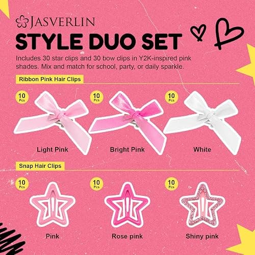 JASVERLIN 60 Pcs Hair Bows for Girls Pink, Mini Bow Clips Y2k Cute Hair Accessories Set, Small Cutecore Ribbon Barrettes with Glitter Star Clips for Women Teens thumbnail 3