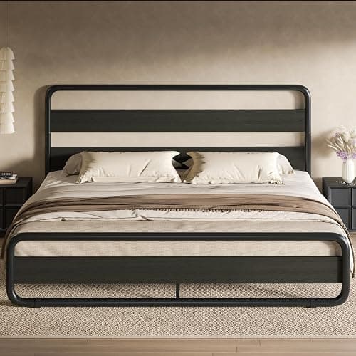 SHA CERLIN Queen Size Metal Bed Frame with Wooden Headboard and Footboard, Heavy Duty Oval-Shaped Platform Bed with Under-Bed Storage, Noise Free, No Box Spring Needed, Black thumbnail 6