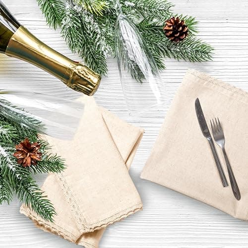 Lightnpro Cloth Dinner Napkins in Cotton Flax Fabric with Lace & Tailored Mitered Corners – 18x18 Inch Set of 12, Wedding, Baby Shower & Cocktail Napkin, Machine Washable Fabric Napkins Natural Color thumbnail 8