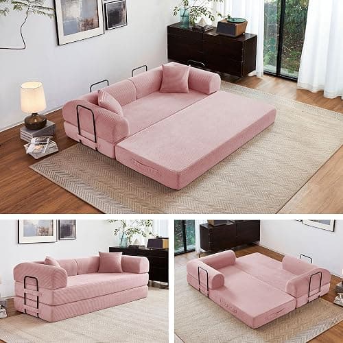 Reiboco 79" Convertible Sofa Bed, Pull Out Sleeper Couch, Corduroy Loveseat Futon for Small Apartment, No Assembly Oversized Floor Sofa, Modern Couch Bed for Living Room Guest Room (Pink) - Image 1