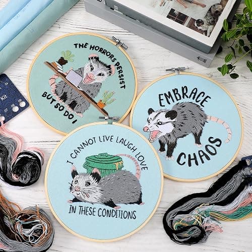 Mindsoft 3 Set Possum Embroidery Kit with Embroidery Hoop Opossum Needlepoint Kit for Beginners and Adults Hand Crafts Needlepoint Set with Needles Thread and Instruction for Opossum Lover Gifts thumbnail 3