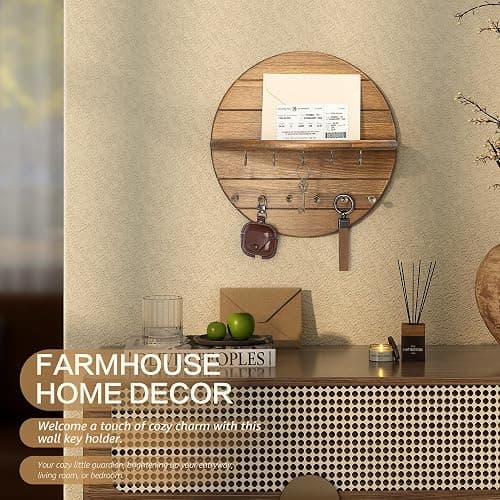 Rebee Vision Pine Wood Key Holder Wall Mount – Rustic Wooden Key Hooks for Wall with Shelf – Decorative Mail Organizer, Coat Rack & Dog Leash Holder for Home Decor, Entryway and Living Room (Brown) thumbnail 4