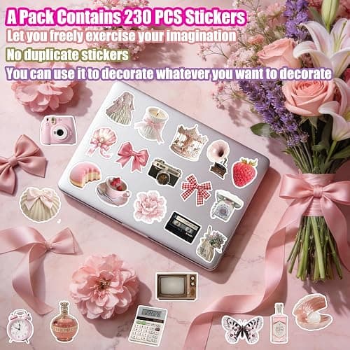 230pcs Coquette Stickers Cute Vinyl Laptop Waterproof Aesthetic Pink Pack for Girls Water Bottles Laptop Computer Phone Guitar (230pcs Coquette Stickers) thumbnail 5