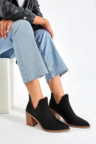 Kathemoi Womens Slip on Ankle Boots V Cutout Pointed Toe Chunky Stacked Mid Heel Booties thumbnail 5