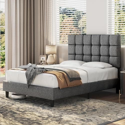 Yaheetech 4ft6 Double Bed Frame, Upholstered Headboard, Light Grey | Premium Linen-Fabric, Square Tufted & Adjustable Height Headboard, Solid Slats, Ideal for Bedrooms, Apartments and Guestrooms thumbnail 3