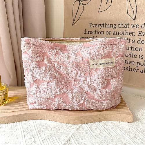 Sminra Makeup Bag Cosmetic bag Preppy Canvas Toiletry Bag for women Cute zipper pouch Organizer Travel accessories (Pink Big Flowers, Large) - Large - Pink Big Flowers thumbnail 7