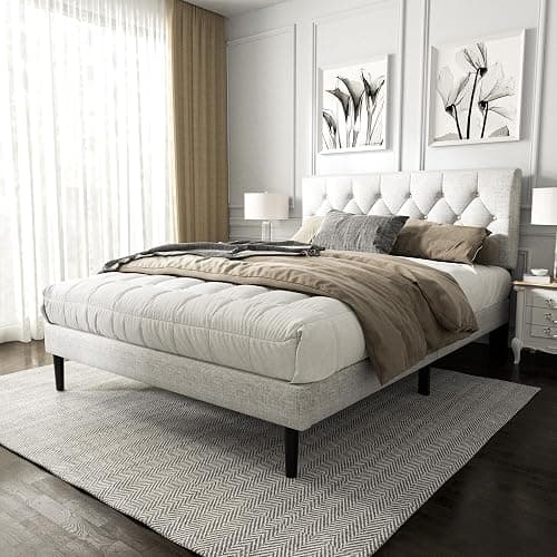 HAOARA Full Size Platform Bed Frame with Upholstered Button Tufted Headboard, Mattress Foundation with Wooden Slat Support, Noise Free, No Box Spring Needed, Easy Assembly, Light Grey thumbnail 3