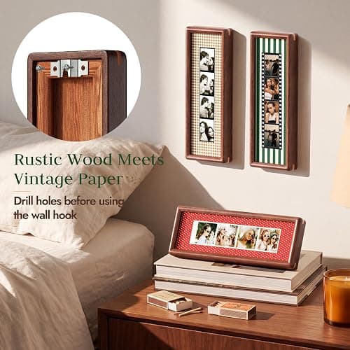 Janaden 2 PCS Photo Booth Frames with 3 Vintage Mats for Wall & Desktop | 11.3x3.5in Wood Photo Strip Frame, Photobooth Holder with Stand and Key Holder Hangers (Drilling Needed,Tool Not Included) thumbnail 5