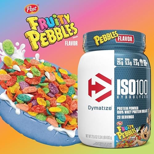 Dymatize x Fruity Pebbles ISO100 Whey Protein Powder Isolate, 25g of Protein, 5.5g BCAAs, 120 Cal., Gluten Free, 1g Fat, 1g Sugar, 2g Carb (20 Servings) thumbnail 4