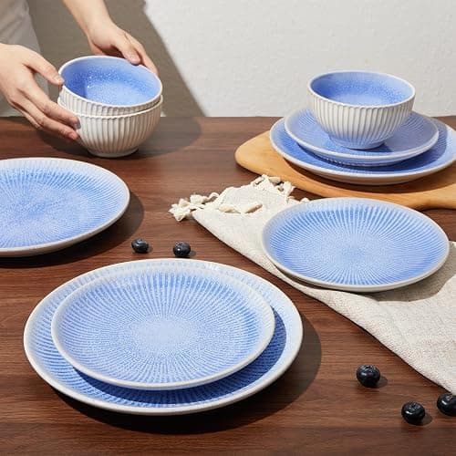 Pokini Ceramic Dinnerware Sets, Handmade Reactive Glaze Plates and Bowls Sets, Highly Chip and Crack Resistant Dish Set, Distinctive Granulated Surface Dishwasher & Microwave Safe Service for 4 thumbnail 6