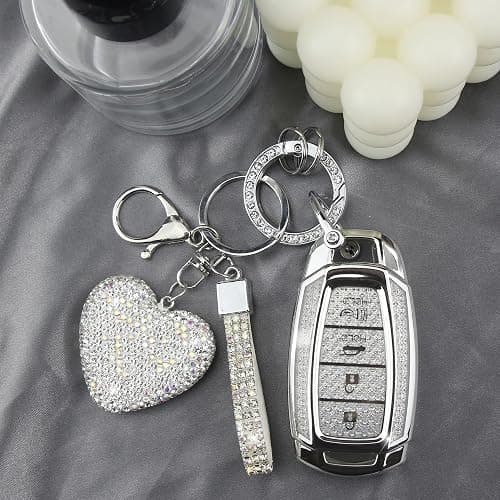 YIKECASE Key Fob Cover with Diamond Keychain Car Key Holder Compatible with Hyundai Kona Santa Fe Palisade Elantra GT Veloster Smart Remote Protector for Women, 4 Buttons (Silver-Heart) thumbnail 4