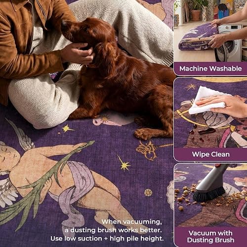 8x10 Celestial Sun Moon Unique Plum Dark Purple Soft Washable Area Rug | Low Pile Non-Slip Carpet with Vintage Whimsical Boho Decorative Pattern; Cottagecore Style for Living Rooms or Large Bedrooms thumbnail 6