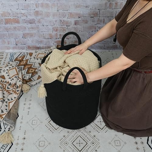 XUANGUO Black Cotton Rope Laundry Basket Hamper for Clothes Woven Storage Basket for Living Room Bedroom Boho Tall Rope Baskets for Blanket Toys Pillow Towels Baby Nursery Hamper Bin Large thumbnail 2
