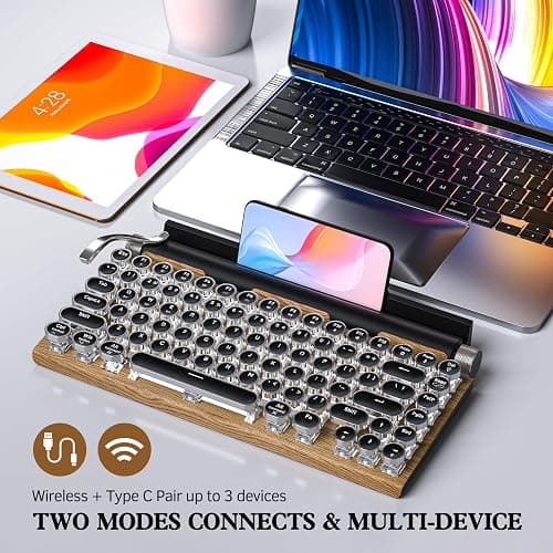 Retro Typewriter Keyboard Wireless, Mechanical Gaming Vintage Keyboard 83-Key Blue Switches Bluetooth 5.0 Punk Round Keycap, 14 Modes LED Backlight, Type-C, Compatible with PC/Laptop/Pad/Phone, Wood thumbnail 4