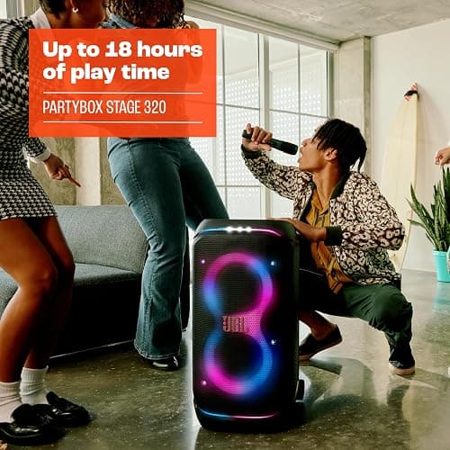 JBL Partybox Stage 320, Enceinte portable de soirée, roulettes et poignée télescopique intégrés, son JBL Pro, jeu de lumières, 18 heures d'autonomie, résistante aux éclaboussures IPX4, en noir thumbnail 3
