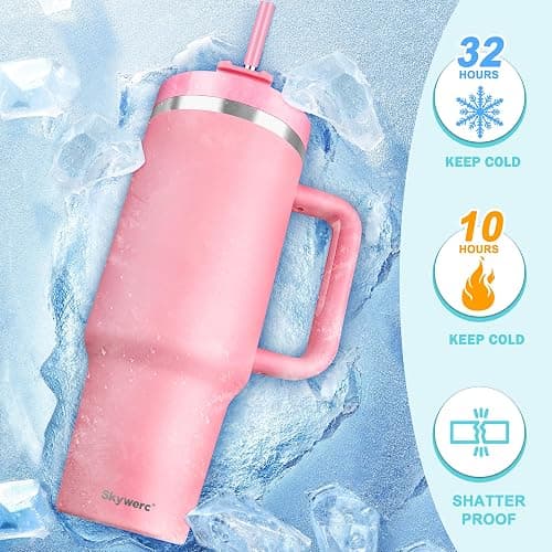 40 oz Tumbler with Handle and Straw, 2 in 1 Lid, Vacuum Insulated Stainless Steel Double Wall Water Bottle Travel Mug - Holiday Gifts for Women Men - Pink thumbnail 4