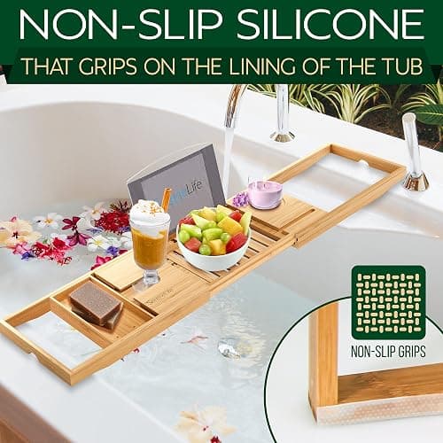 SereneLife Luxury Bamboo Bathtub Caddy Tray - Adjustable Natural Wood Bath Tub Organizer with Wine Holder, Cup Placement, Soap Dish, Book Space & Phone Slot for Spa, Bathroom & Shower SLBCAD20 thumbnail 3