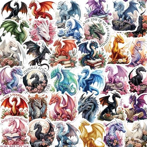 Falueqg 100Pcs Dragon Stickers, Magic Pterosaur Reading Book Stickers, Realistic Pterosaur Decals for Decor Water Bottle Laptop Phone Skateboard Scrapbooks, Dragon Lovers Gifts - Image 1