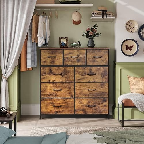 WLIVE 9-Drawer Dresser, Fabric Storage Tower for Bedroom, Hallway, Entryway, Closet, Tall Chest Organizer Unit with Fabric Bins, Steel Frame, Wood Top, Easy Pull Handle, Rustic Brown Wood Grain Print thumbnail 6