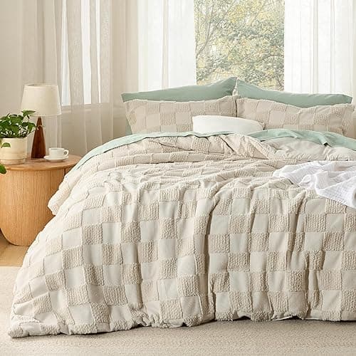 Bedsure Queen Size Comforter Set Beige, Boho Tufted Bed Set, Checkered Farmhouse Shabby Chic Bedding, 3 Pieces, 1 Plaid Geometric Comforter and 2 Pillow Shams - Queen - 01 - Beige - Tufted Checkboard