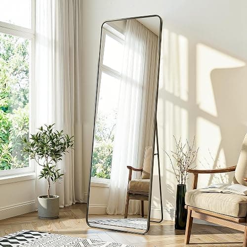 Delma Full Length Mirror, 56"x15" Black | Floor Standing Full Body, Wall Mounted, Freestanding or Leaning, Rounded Corners Rectangle Design - Image 1