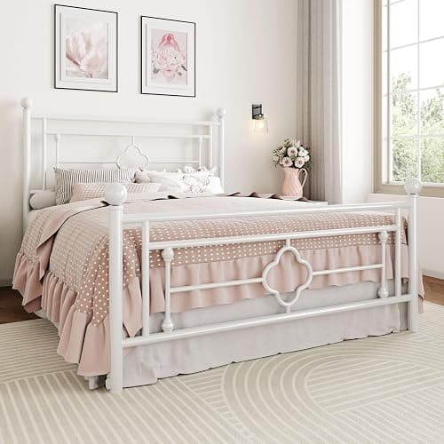 SHA CERLIN 14 Inches Full Size Metal Platform Bed Frame/Vintage Iron-Art Headboard and Footboard/Mattress Foundation for Storage/No Box Spring Needed/Noise-Free/Easy Assembly/White thumbnail 3