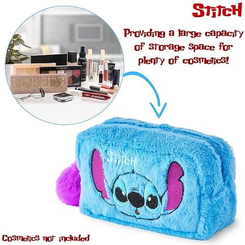 Disney Fluffy Stitch Makeup Bag for Girls, Teens, Cute Travel Toiletry Bag for Beauty Accessories, Zipped Make Up Cosmetics Storage, Gifts for Women (Blue Plush) thumbnail 6