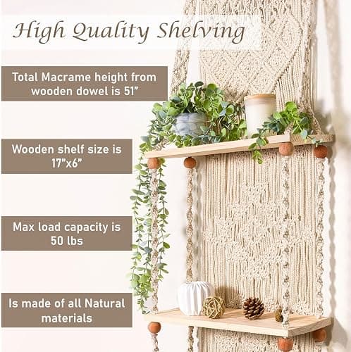 Induslyfe Macrame Wall Hanging Shelf 3 Tier Boho Wall Plant Hanger Shelves, Handmade of Woven Rope Boho Shelves Organizer for Living Room Bathroom Home Storage Floating Plant Rack Bohemian décor thumbnail 6