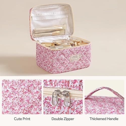 HBselect Quilted Makeup Bag, 3PCS Cotton Large Travel Makeup Bag, Cute Floral Coquette Make up Bag Cosmetic Bag Toiletry Bag for Women Girls thumbnail 3