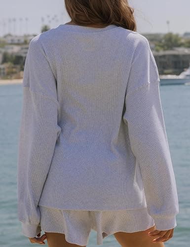 MISSACTIVER Waffle Knit Lounge Sets for Women Long Sleeve Oversized Sweatshirt Elastic Waist Shorts Fall 2 Piece Matching Set thumbnail 3