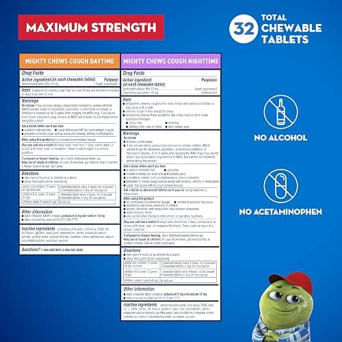 Mucinex Children's Mighty Chews Kids Cough Medicine Daytime And Nighttime Value Pack, Easy to Dose Cough Suppressant For Kids with Dextromethorphan, Mixed Berry Flavor, 32 Medicated Chewable Tablets thumbnail 5