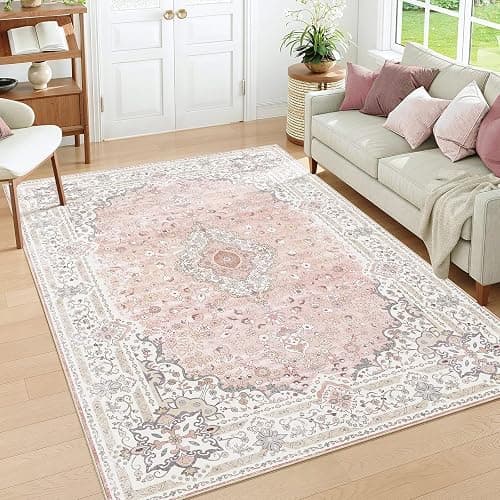 Brakki Pink 5x7 Area Rugs for Living Room, Washable Vintage Boho Rug Non Slip for Bedroom Kitchen Office, Low Pile Soft Stain Resistant Carpet Floor Indoor Laundry Dining Room - Image 1