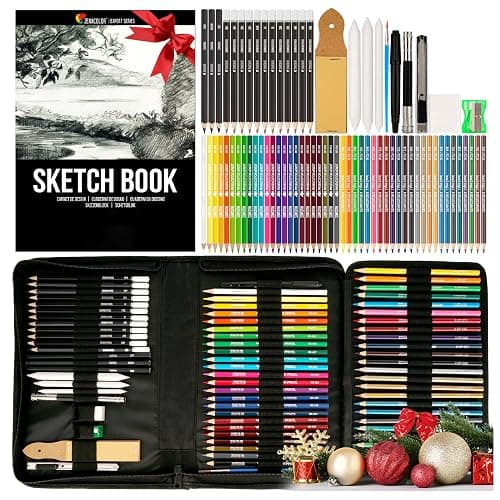 Zenacolor 74-teiliges professionelles Zeichenstifte Set, Federmappe mit 24 Wasserfarb-Malstiften, 12 Buntstifte, 12 metallische Malstifte, 12 Bleistifte und Zubehör - 1 Skizzenbuch - Image 1