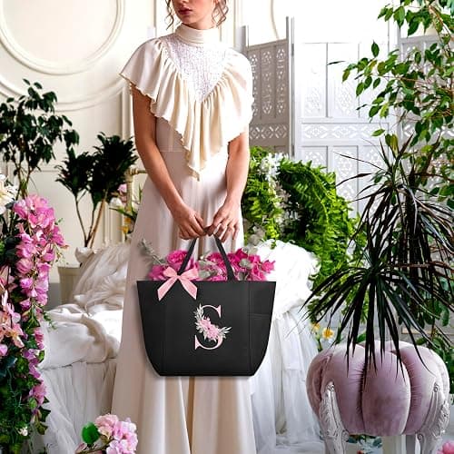 Vavabox A-Z Initial Personalized Tote Bag, Waterproof Gifts for Women, Bridesmaids, Mom, Teachers, Friends (01-Black, S) thumbnail 2