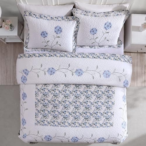 Beatrice Home Fashions Carnation Floral Embroidered Quilted Bedspread, Lightweight, All-Seasons, Standard Sham, Blue thumbnail 2