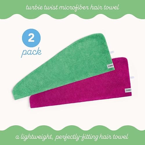 Turbie Twist 2-Pack Microfiber Hair Towel for Beauty, Travel, Gifting - Wrap Turban for Straight, Wavy & Curly Hair - Premium Personal Care - Kelly Green & Wild Aster thumbnail 3
