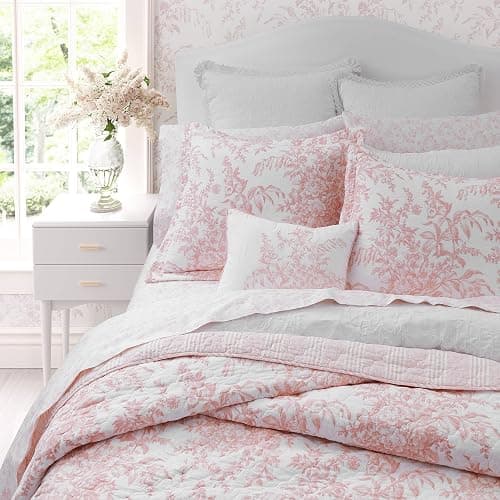Laura Ashley - Twin Quilt Set, Reversible Cotton Bedding with Matching Sham, Lightweight Home Decor for All Seasons (Bedford Pink, Twin) - Bedford Pink - Twin thumbnail 8