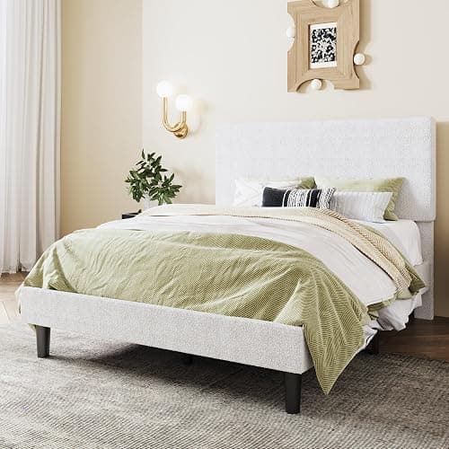 SHA CERLIN Boucle Upholstered Full Size Bed Frame, White | Platform Bed with Adjustable Headboard, Wooden Slats Support, No Box Spring Needed, Noise-Free, Easy to Assemble thumbnail 8