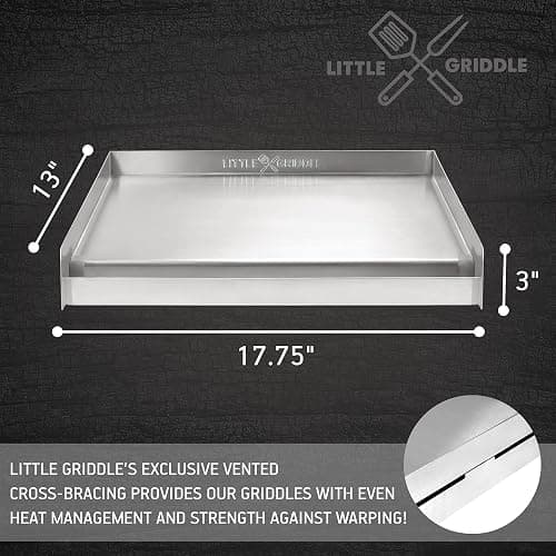 LITTLE GRIDDLE Sizzle-Q SQ180 100% Stainless Steel Universal Griddle with Even Heating Cross Bracing for Charcoal/Gas Grills, Camping, Tailgating, and Parties (18"x13"x3") thumbnail 3
