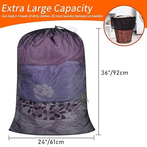 Polecasa Extra Heavy Duty Large Diamond Mesh Laundry Bags with Drawstring Closure & ID Tag, 2 Pack 24 x 36 inches Washable Storage Bag for College, Travel, Sports, Dorms, Black thumbnail 2