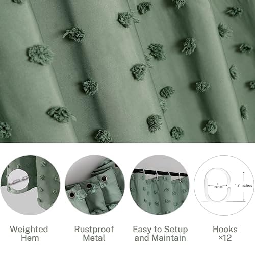 Siiluminisoy Extra Long Green Boho Shower Curtain Woven Fabric Cute Shower Curtain, 72 x 96 Tufted Pleat Floral Puffs Textured Modern Farmhouse Minimalist Shower Curtain Set with Hooks for Bathroom thumbnail 6