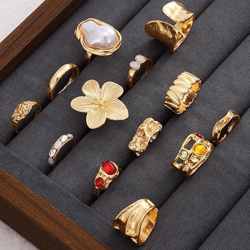 KISS WIFE Golden Chunky Rings Set for Women, Big Flower Artificial Crystal Baroque Pearl Irregular Stackable Knuckle Rings Pack, Vintage Chunky Jewelry Gift thumbnail 7